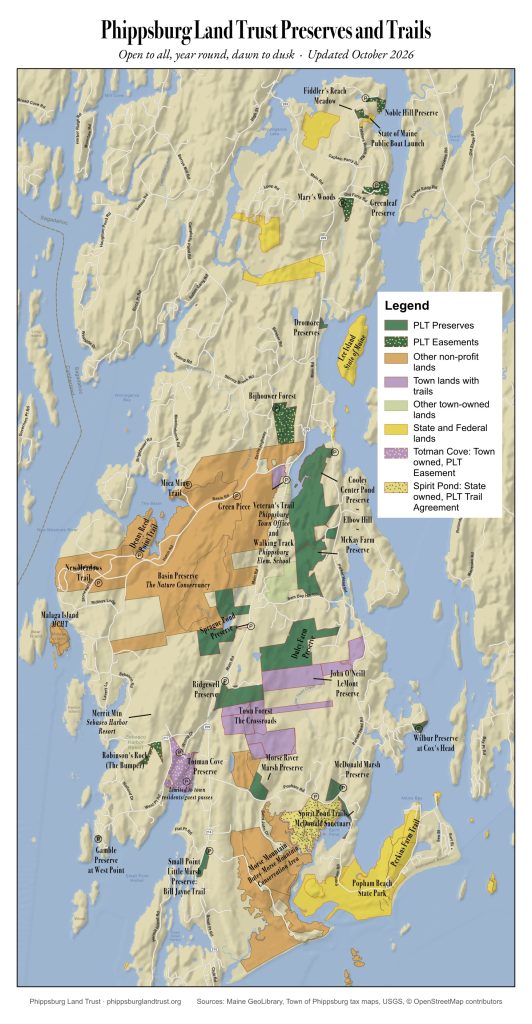 Map of Phippsburg Land Trust preserves, easements and trails