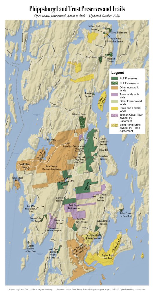 Map of Phippsburg Land Trust preserves, easements and trails